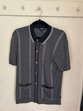 Todd Snyder Navy & White Short Sleeve Knit Cardigan